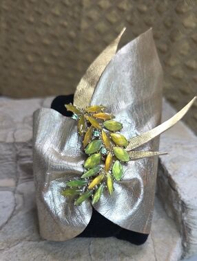 Handmade Artisan Leather Cuff Bracelet With Vintage brooch Gold